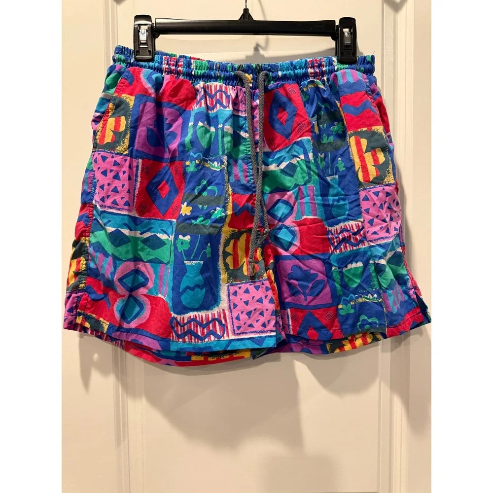Vintage Santostefano Mens Abstract Geometric‎ Swim Trunks Multicolor Medium 90s